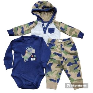 Carter's Dino Camo 3pc Set, 2 Long Sleeve Bodysuits and Camo Jogger Pants Size6M